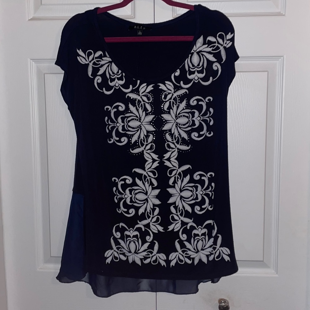L Navy B.L.E.U Shirt with White Floral Detail and Silver Studs